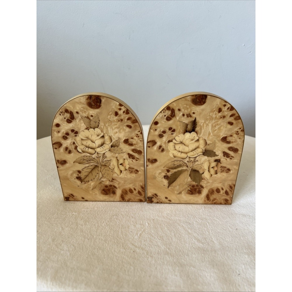 Italian Wood Floral Book Ends Bookends Hinged Beautiful Italy Vintage